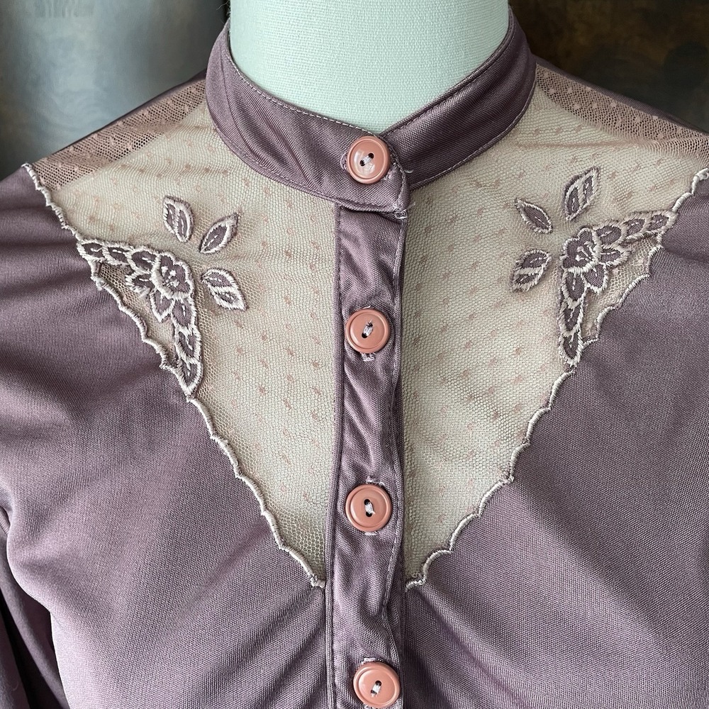Vintage 1970's Trolley Car Mauve Satin Lace Yoke Peplum Victorian Blouse XXS